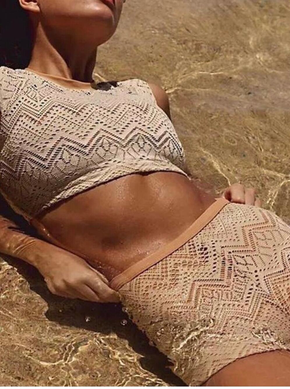 Free People Beach The Sonny Crochet Tee Large Tan & Peach Neutral